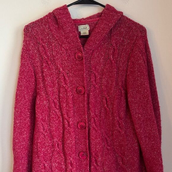 L.L. Bean Sweaters - L.L. Bean women chunky cable knit hooded fisherman red long Cardigan sweater XL